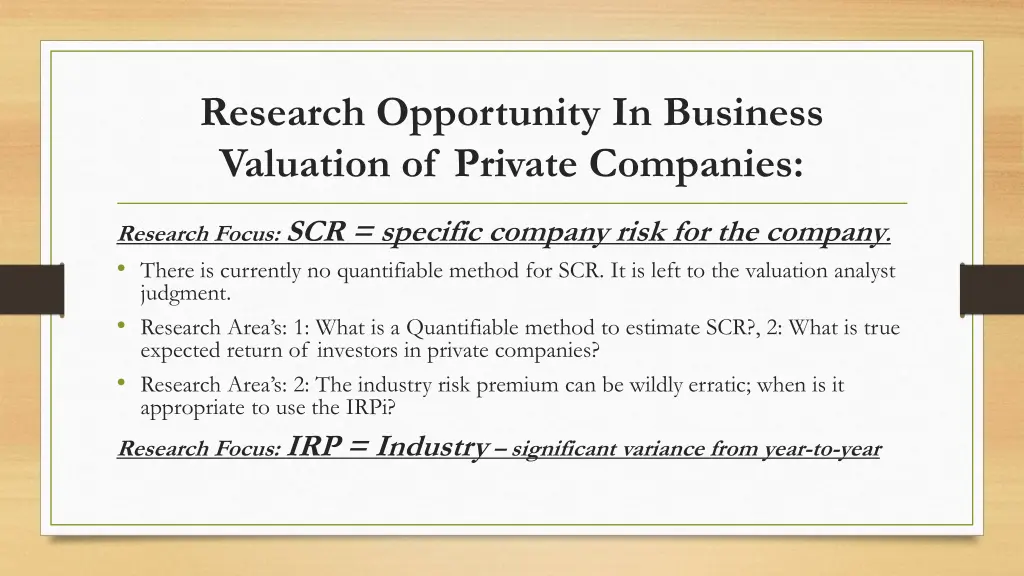 research opportunity in business valuation 2