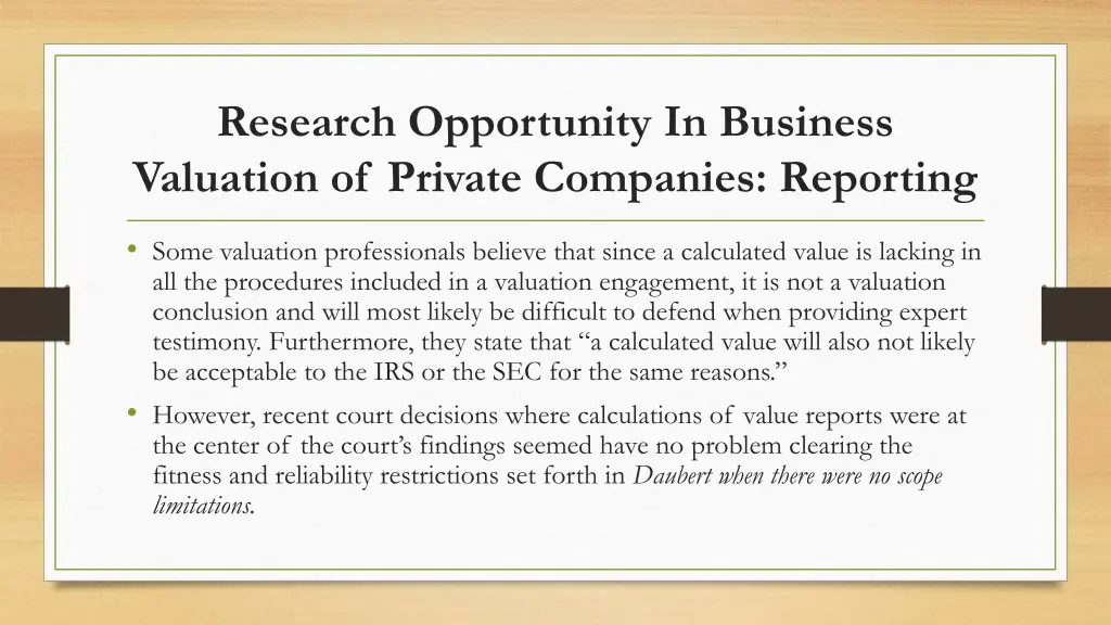 research opportunity in business valuation 7