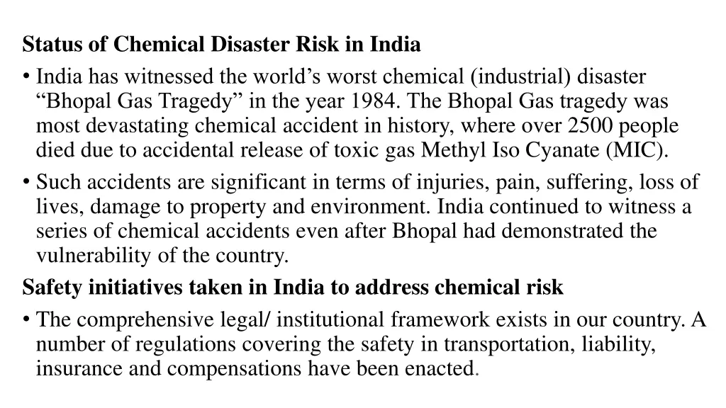 status of chemical disaster risk in india india