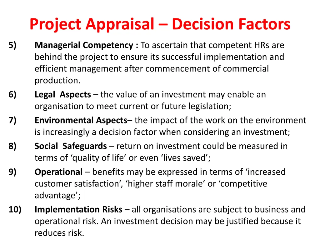 project appraisal decision factors 1