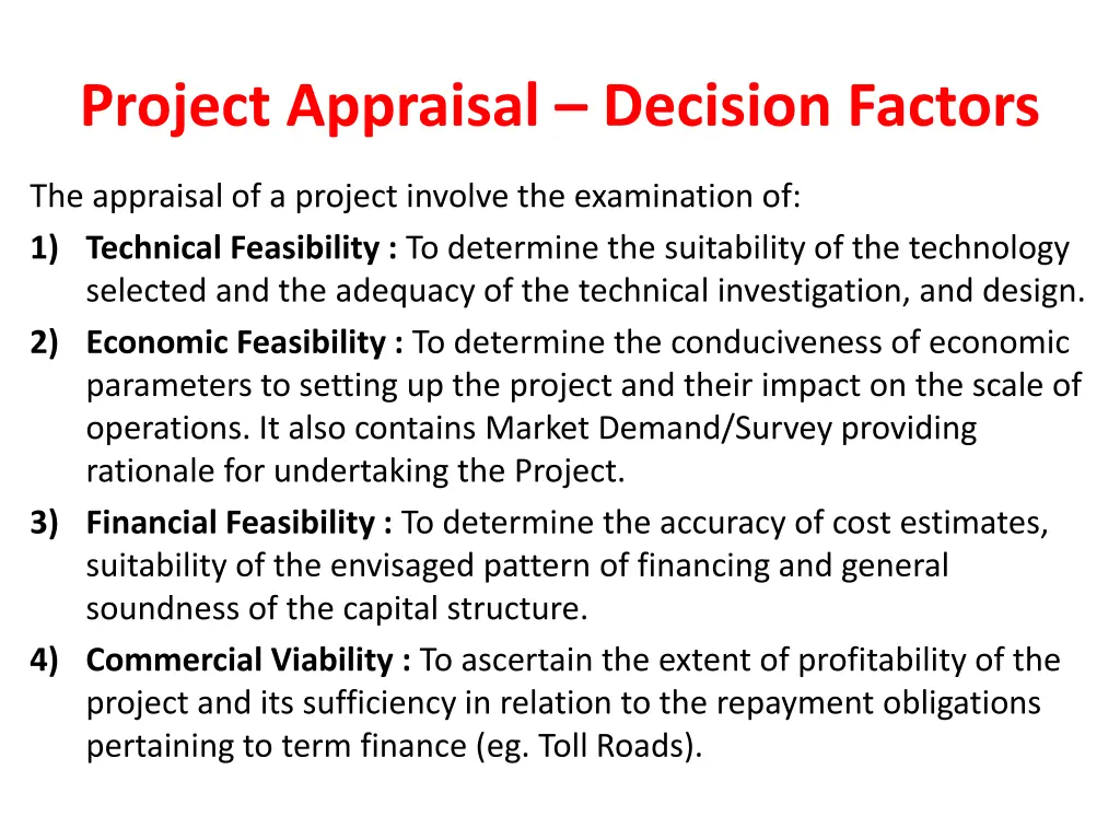 project appraisal decision factors