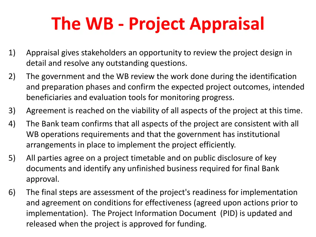 the wb project appraisal