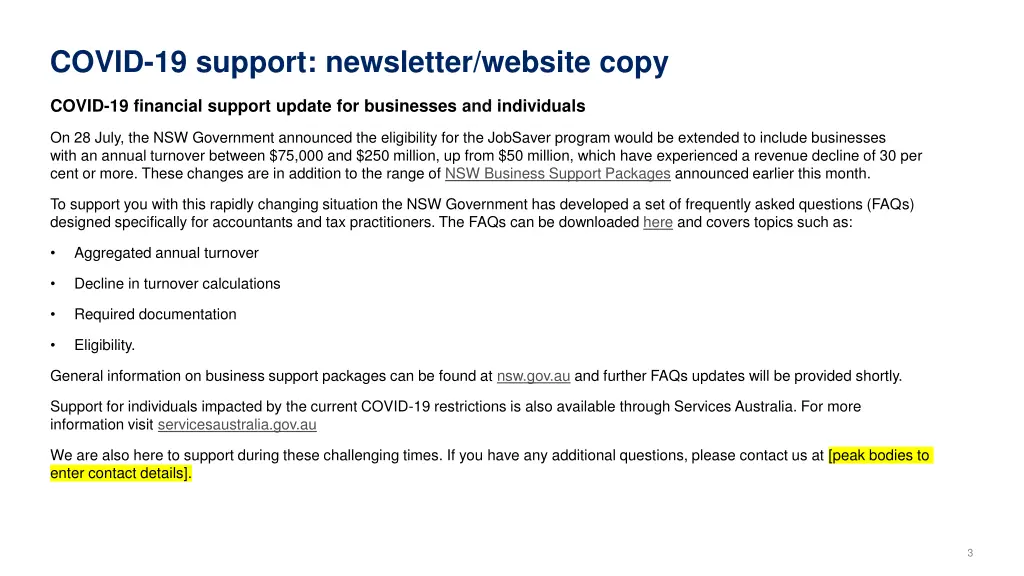 covid 19 support newsletter website copy