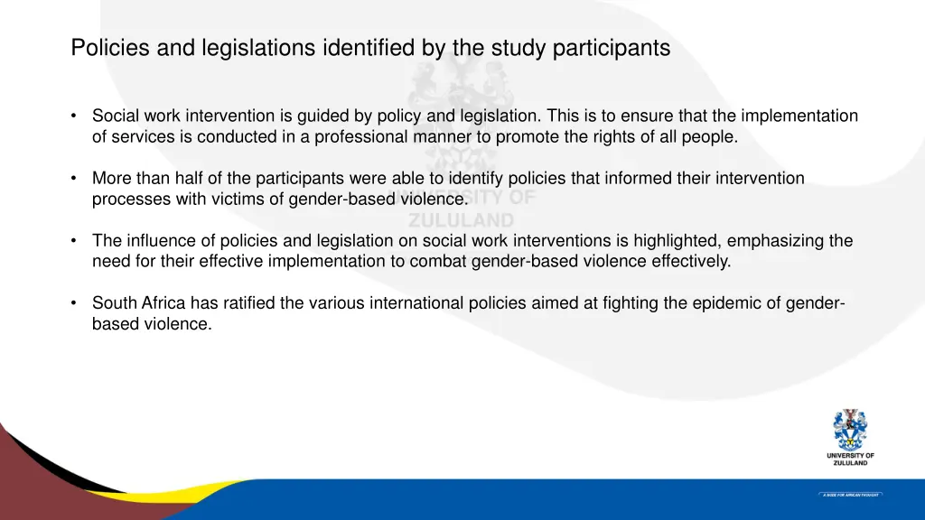 policies and legislations identified by the study