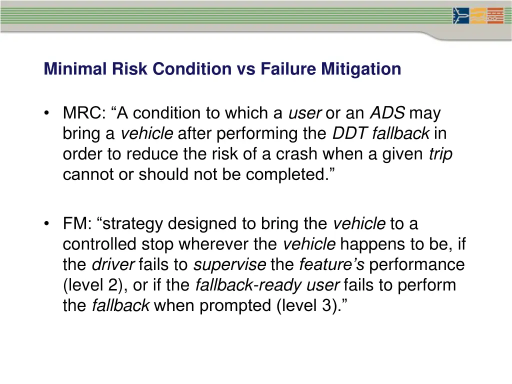 minimal risk condition vs failure mitigation