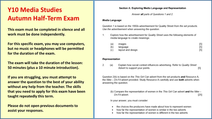 y10 media studies autumn half term exam