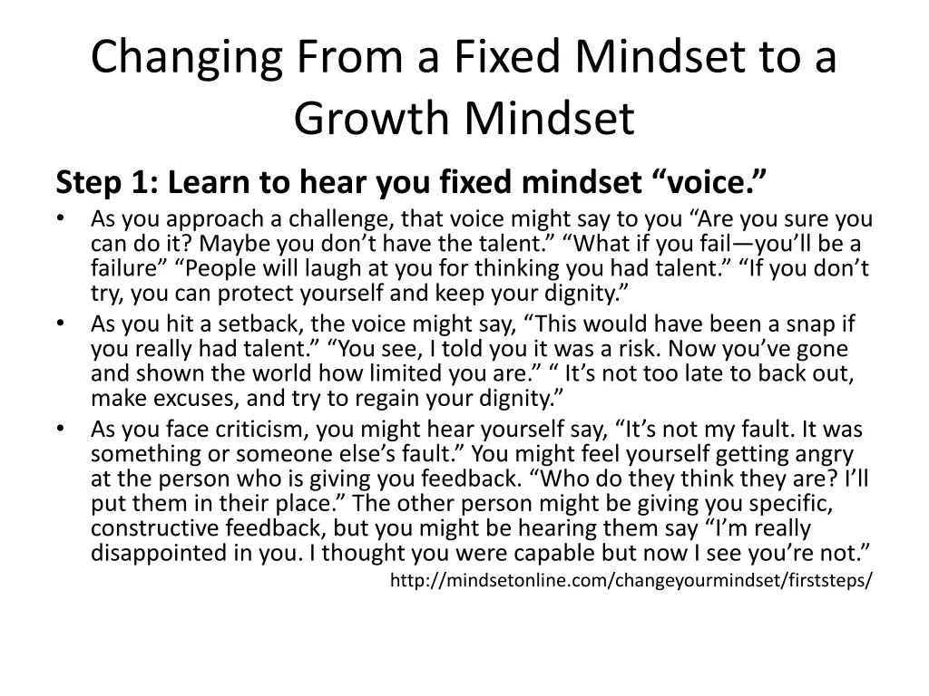 changing from a fixed mindset to a growth mindset