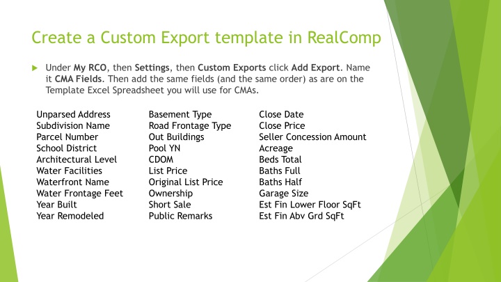 create a custom export template in realcomp