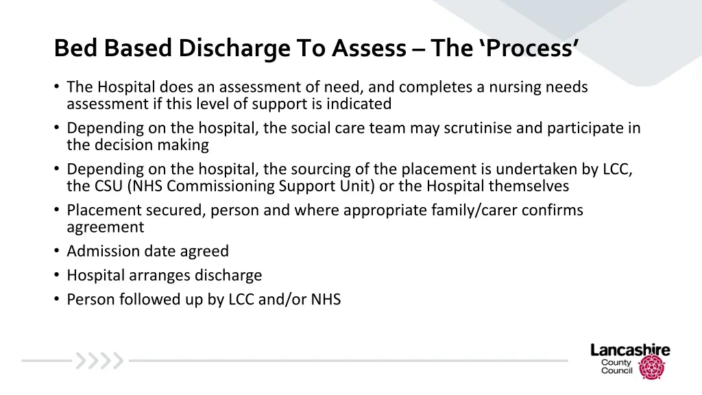 bed based discharge to assess the process