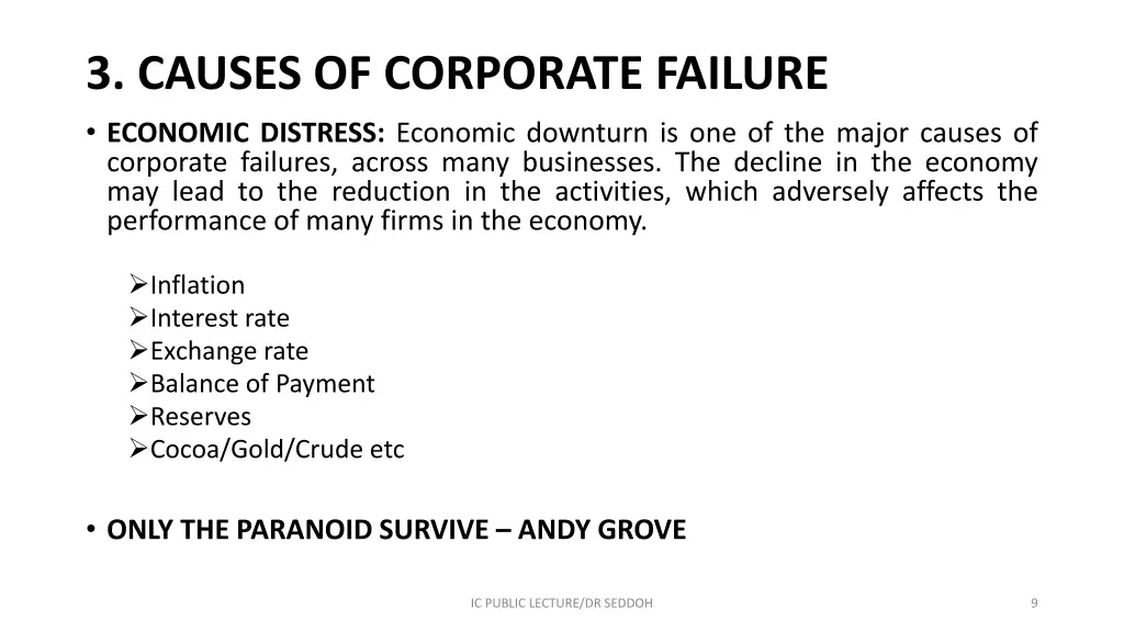 3 causes of corporate failure economic distress