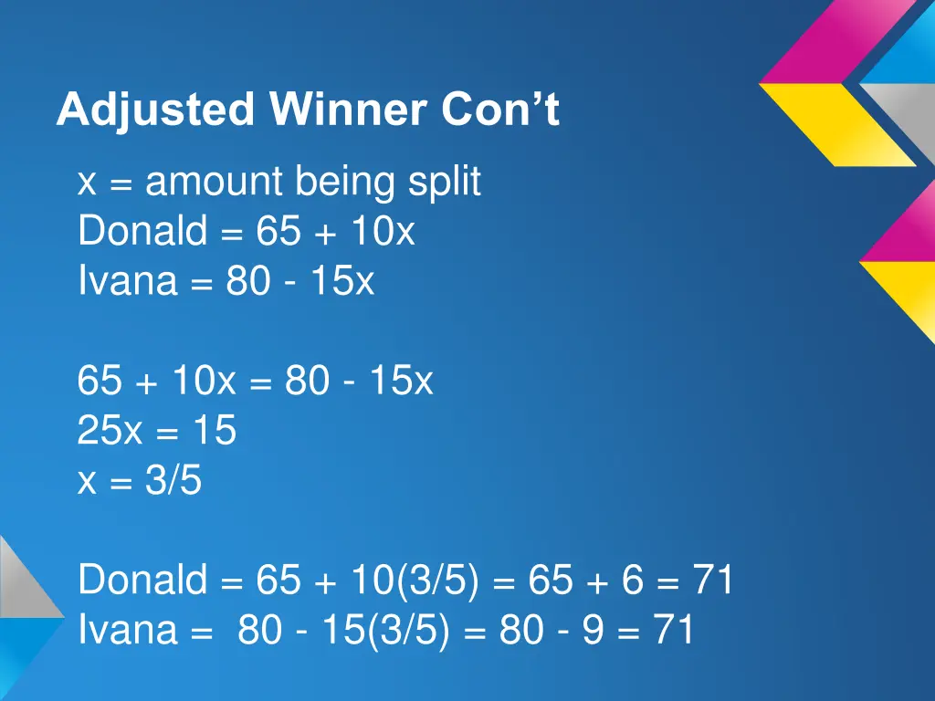 adjusted winner con t x amount being split donald