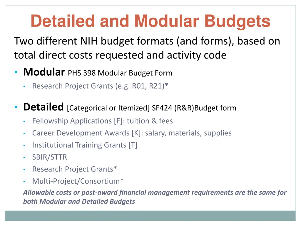 detailed and modular budgets