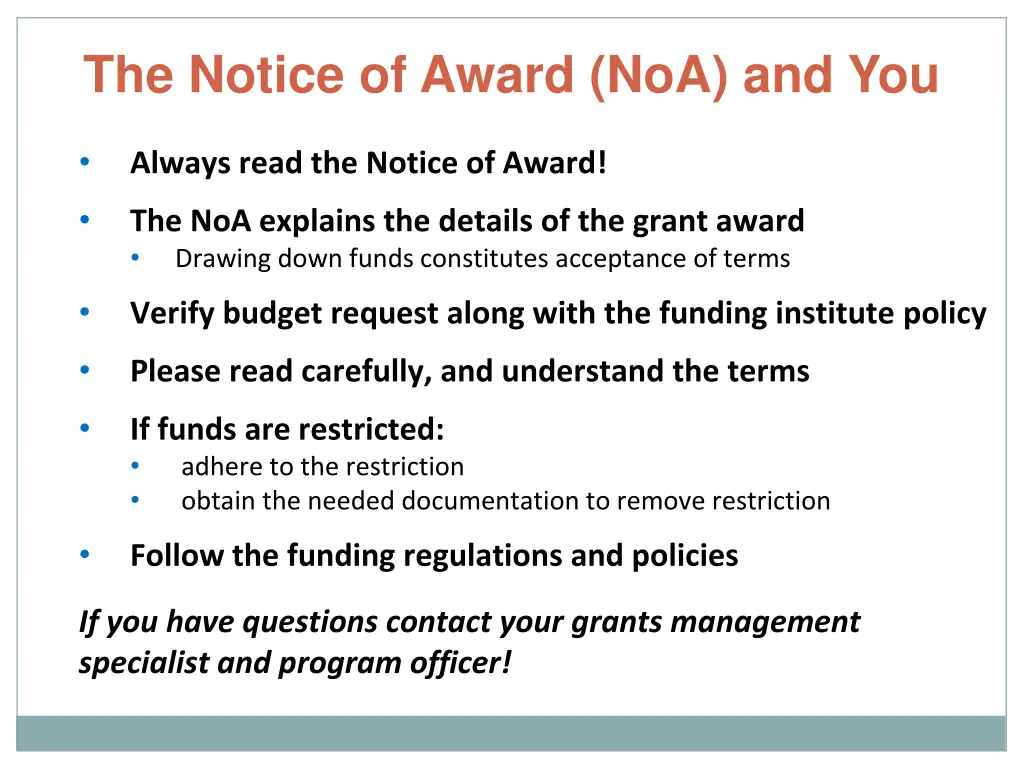 the notice of award noa and you