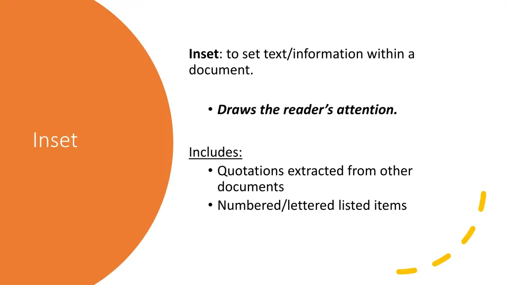 inset to set text information within a document