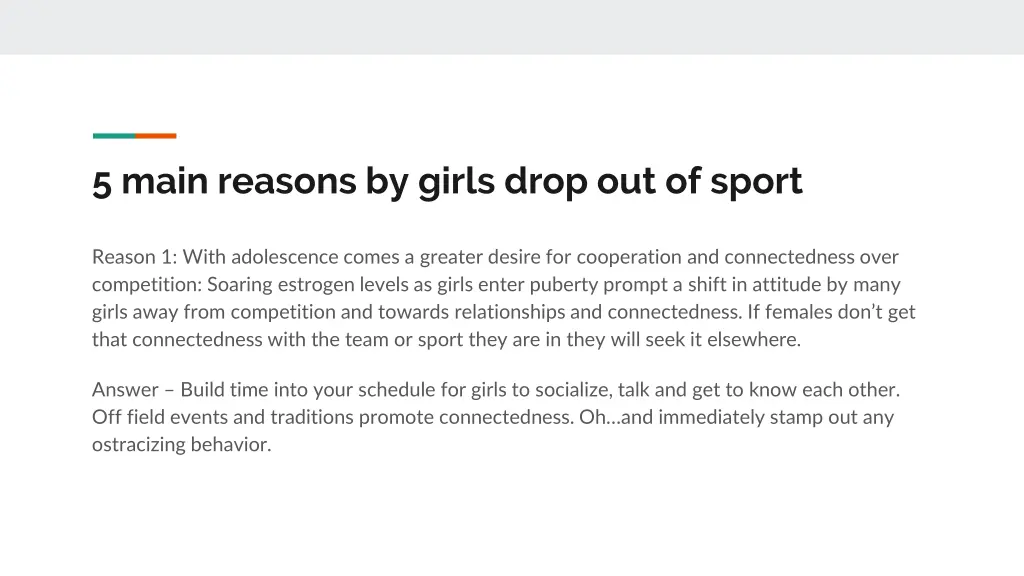 5 main reasons by girls drop out of sport