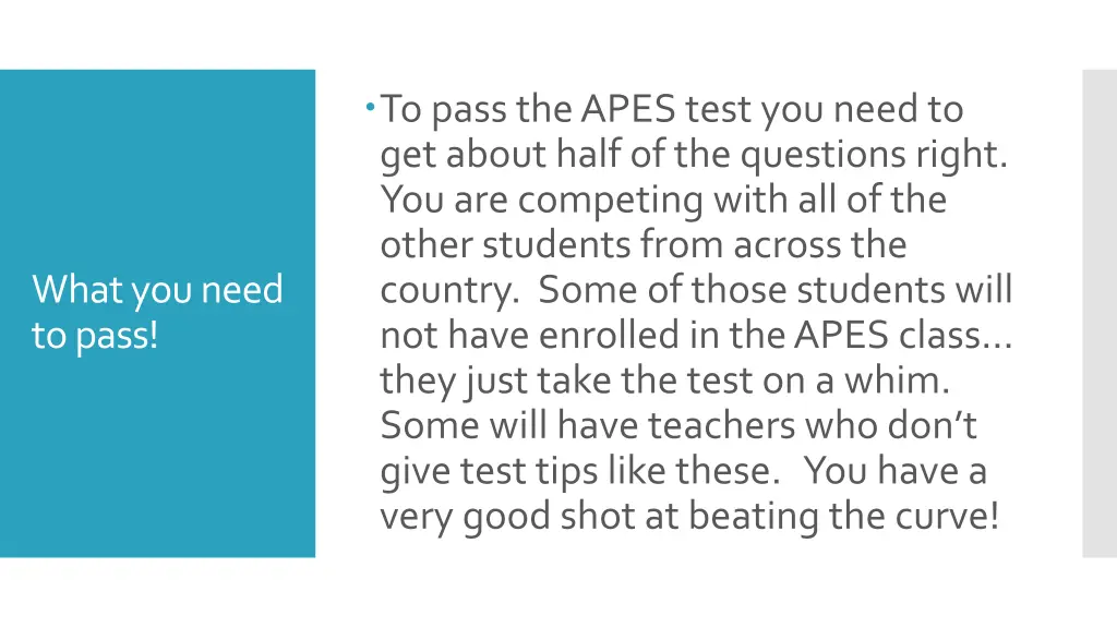 to pass the apes test you need to get about half