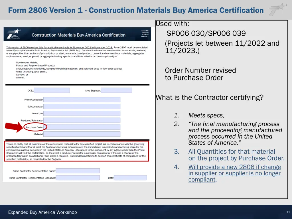 form 2806 version 1 construction materials