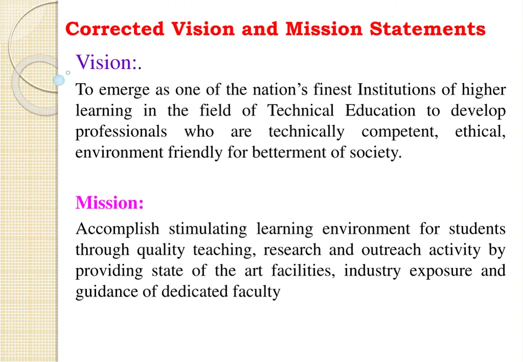 corrected vision and mission statements vision