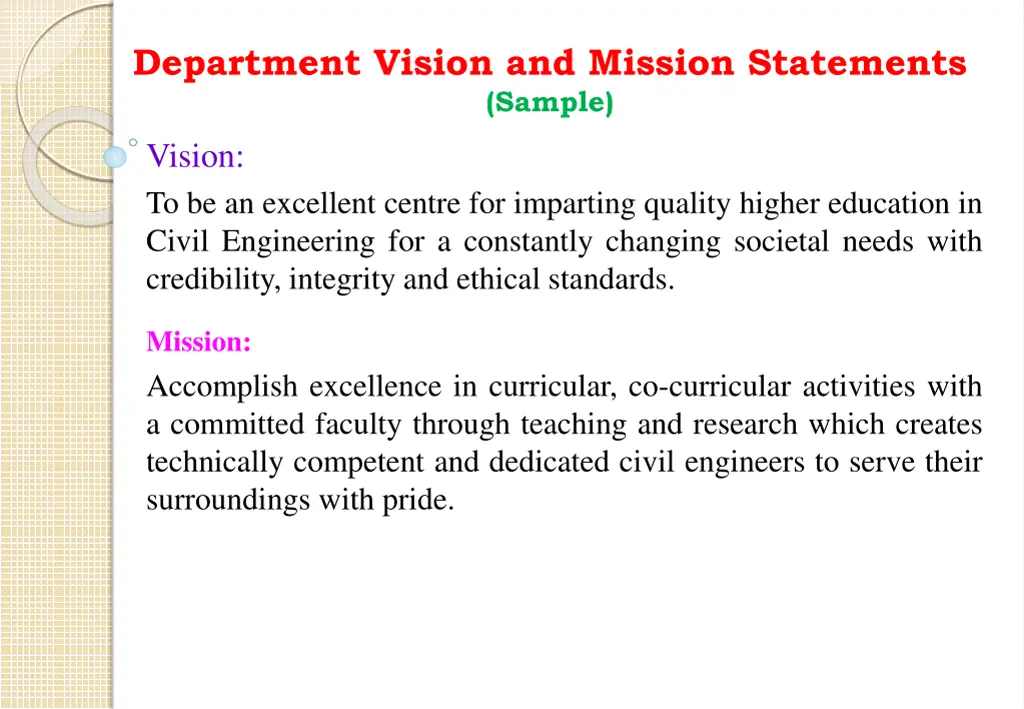 department vision and mission statements sample