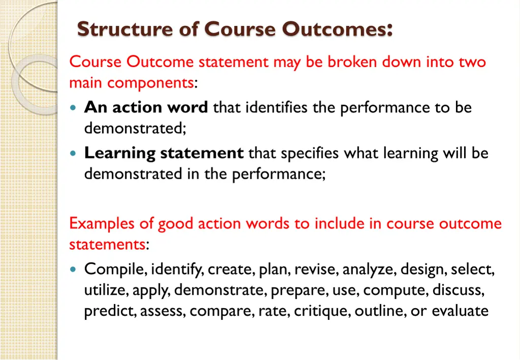 structure of course outcomes