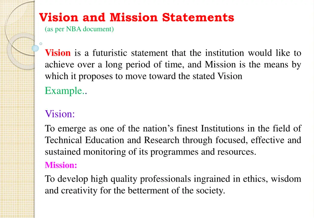 vision and mission statements as per nba document