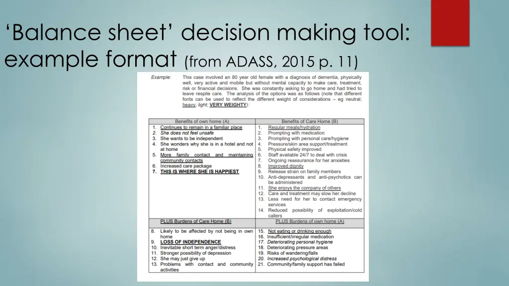 balance sheet decision making tool example format