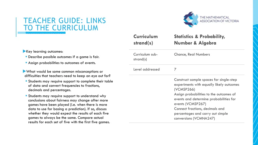 teacher guide links to the curriculum