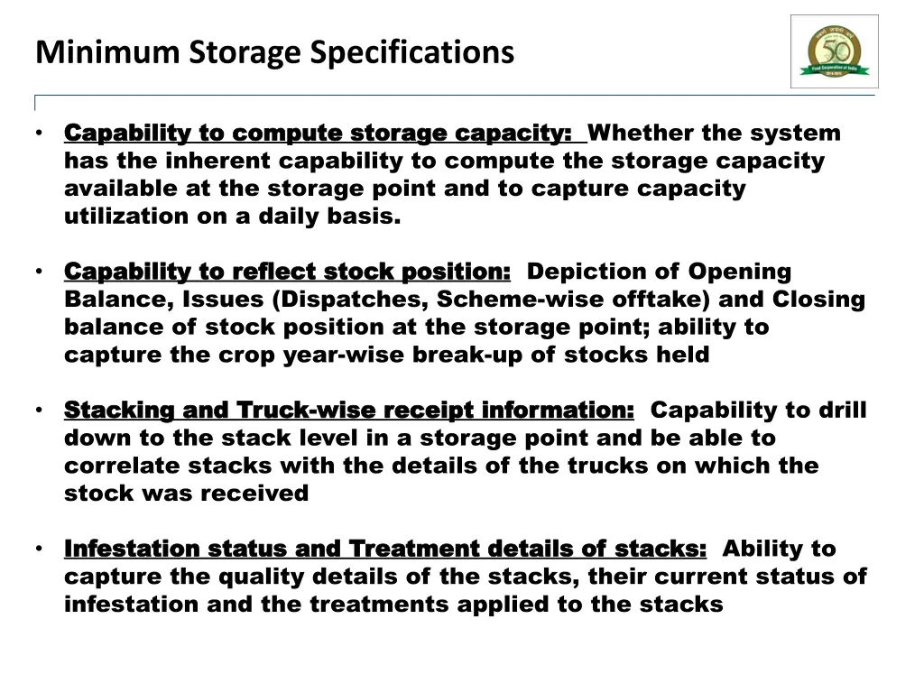 minimum storage specifications