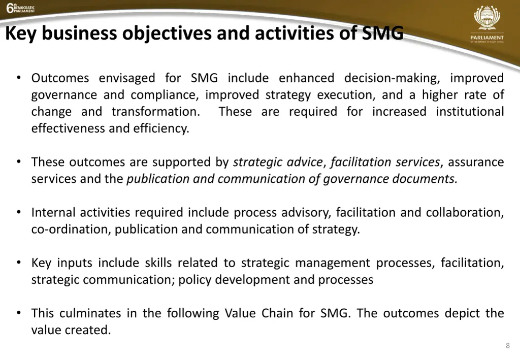 key business objectives and activities of smg