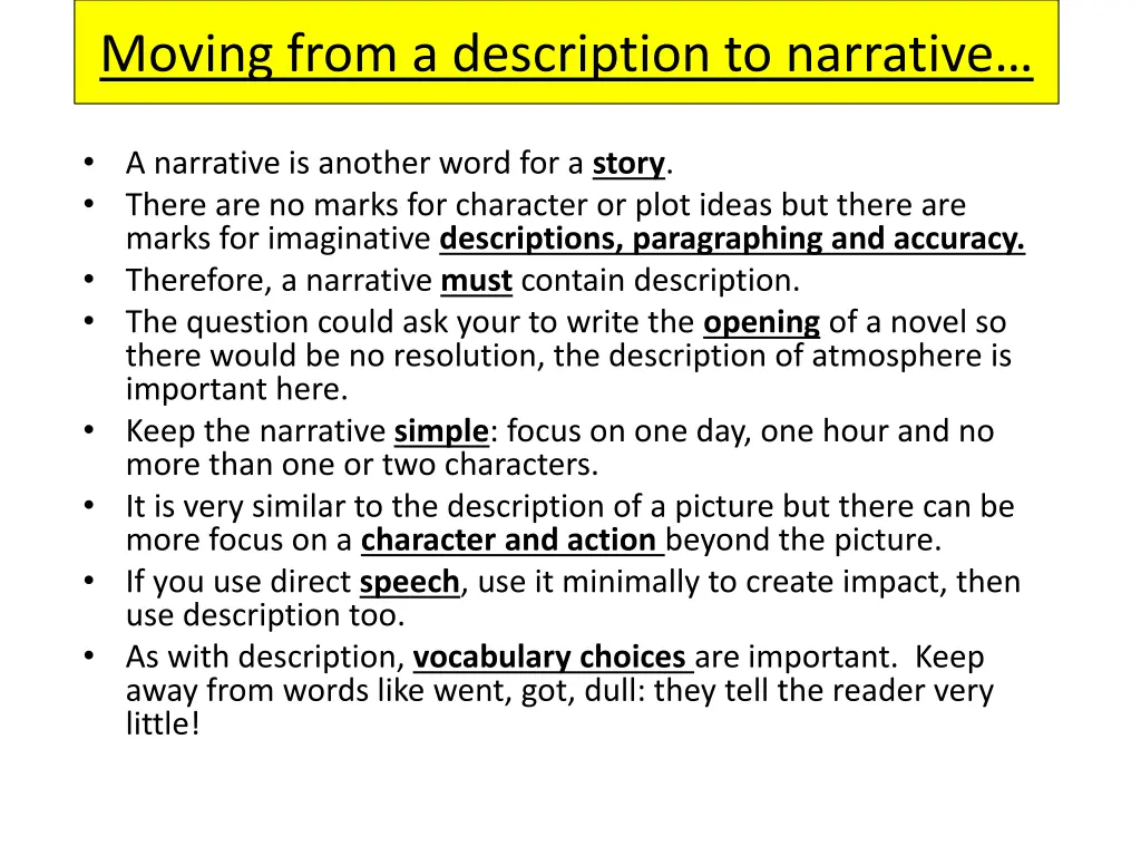 moving from a description to narrative