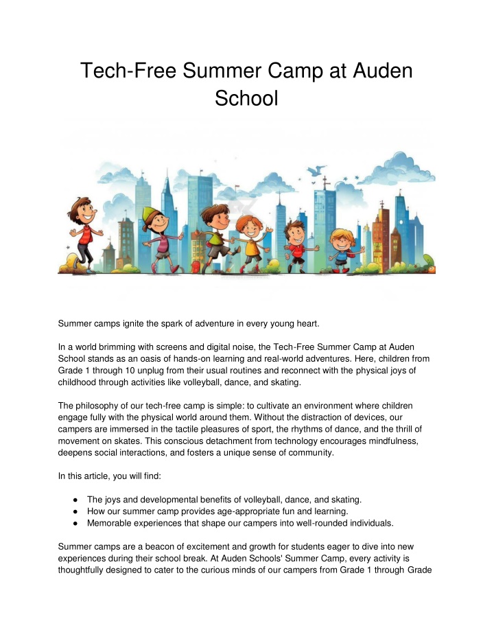 tech free summer camp at auden school