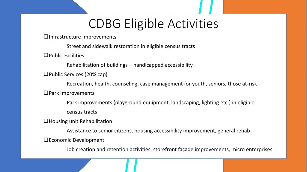 cdbg eligible activities infrastructure