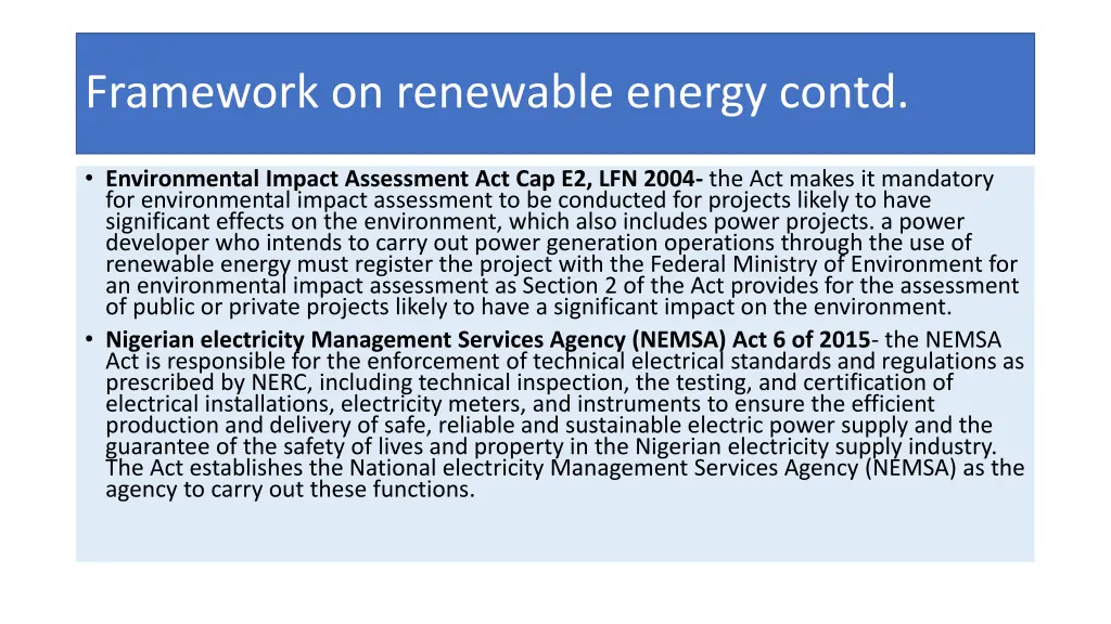 framework on renewable energy contd