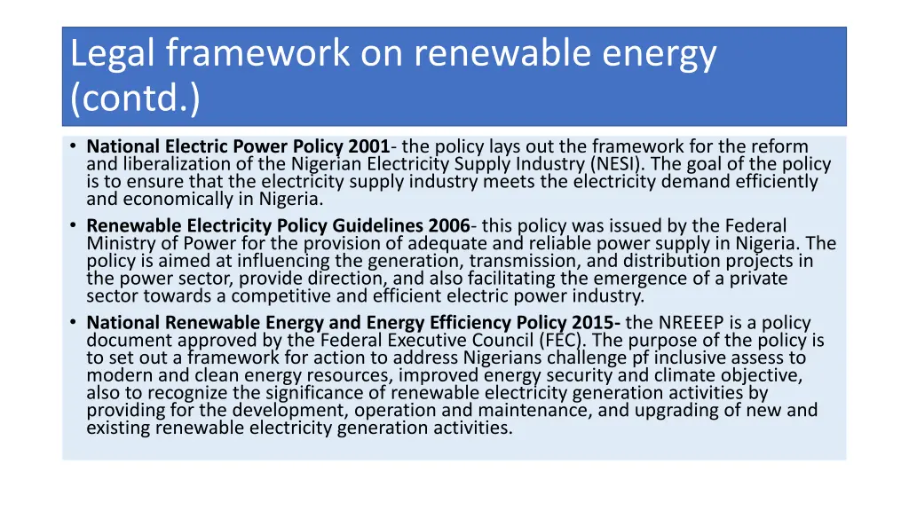 legal framework on renewable energy contd