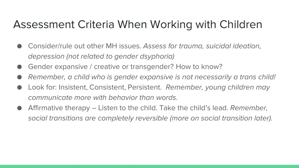 assessment criteria when working with children