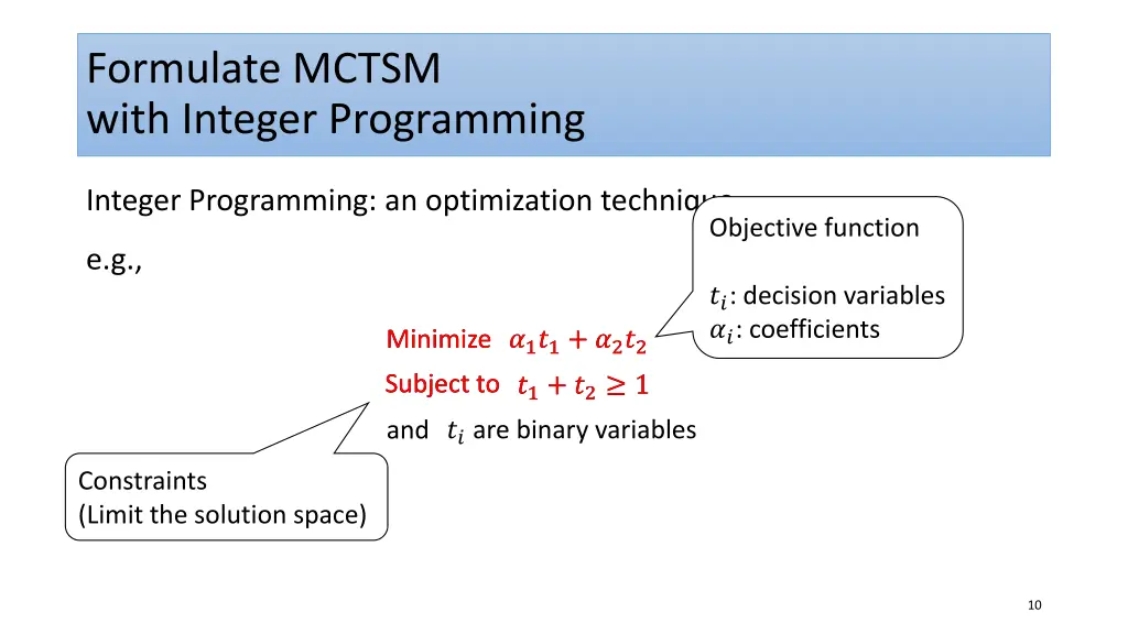 formulate mctsm with integer programming