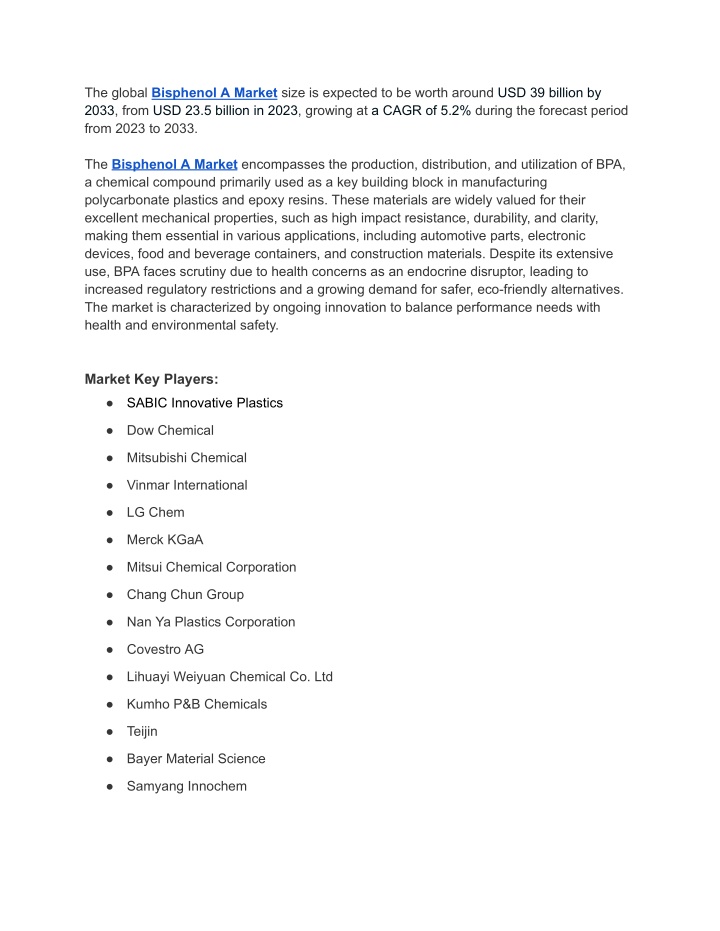 the global bisphenol a market size is expected