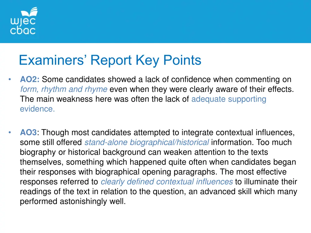 examiners report key points