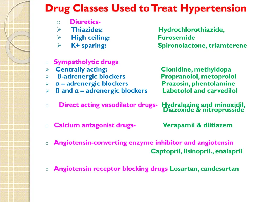 drug classes used to treat hypertension