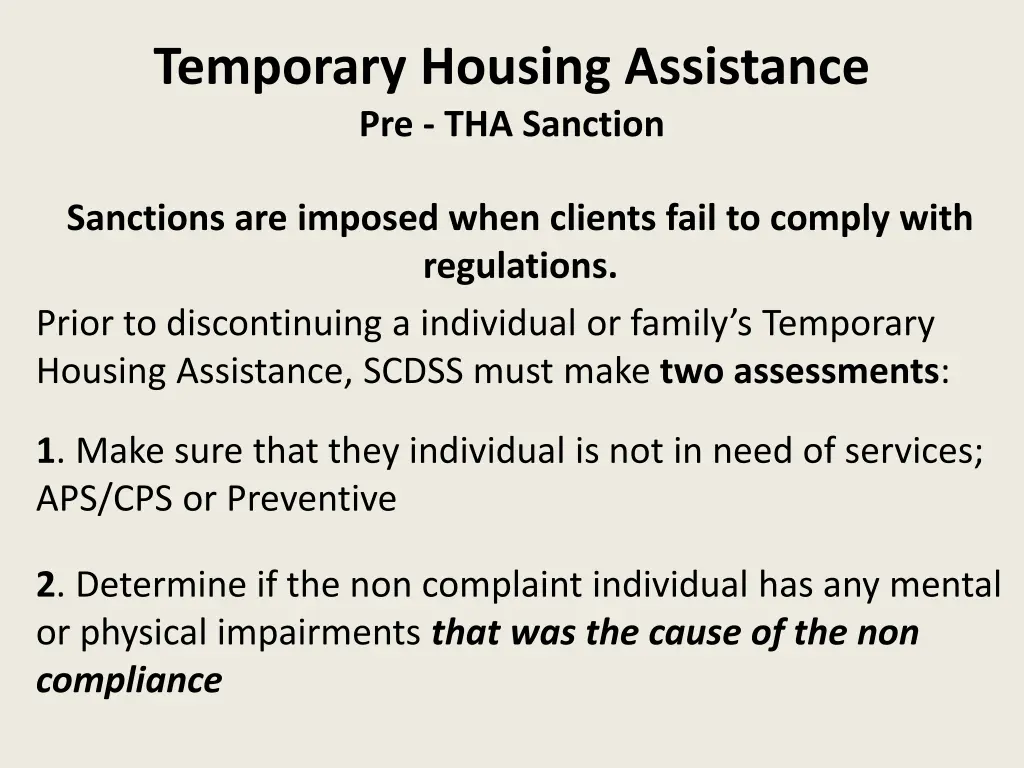 temporary housing assistance pre tha sanction