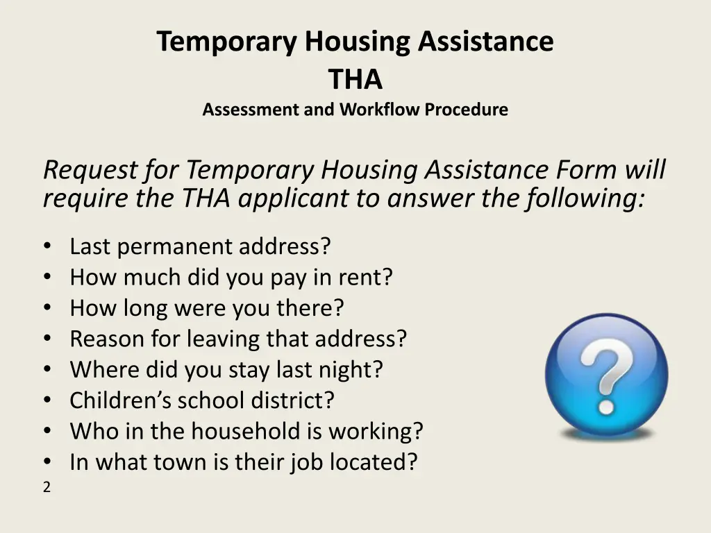 temporary housing assistance tha assessment