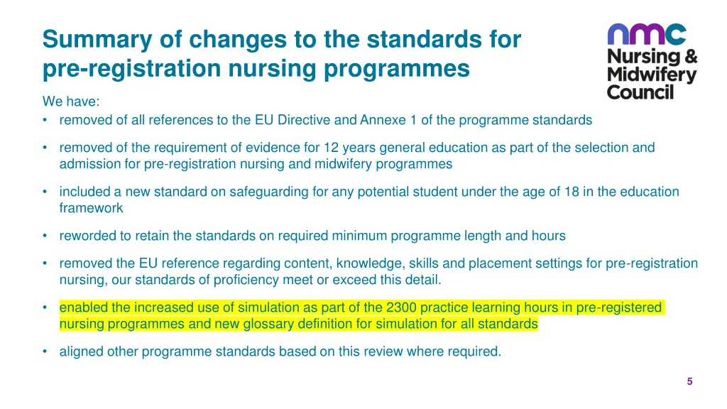 summary of changes to the standards