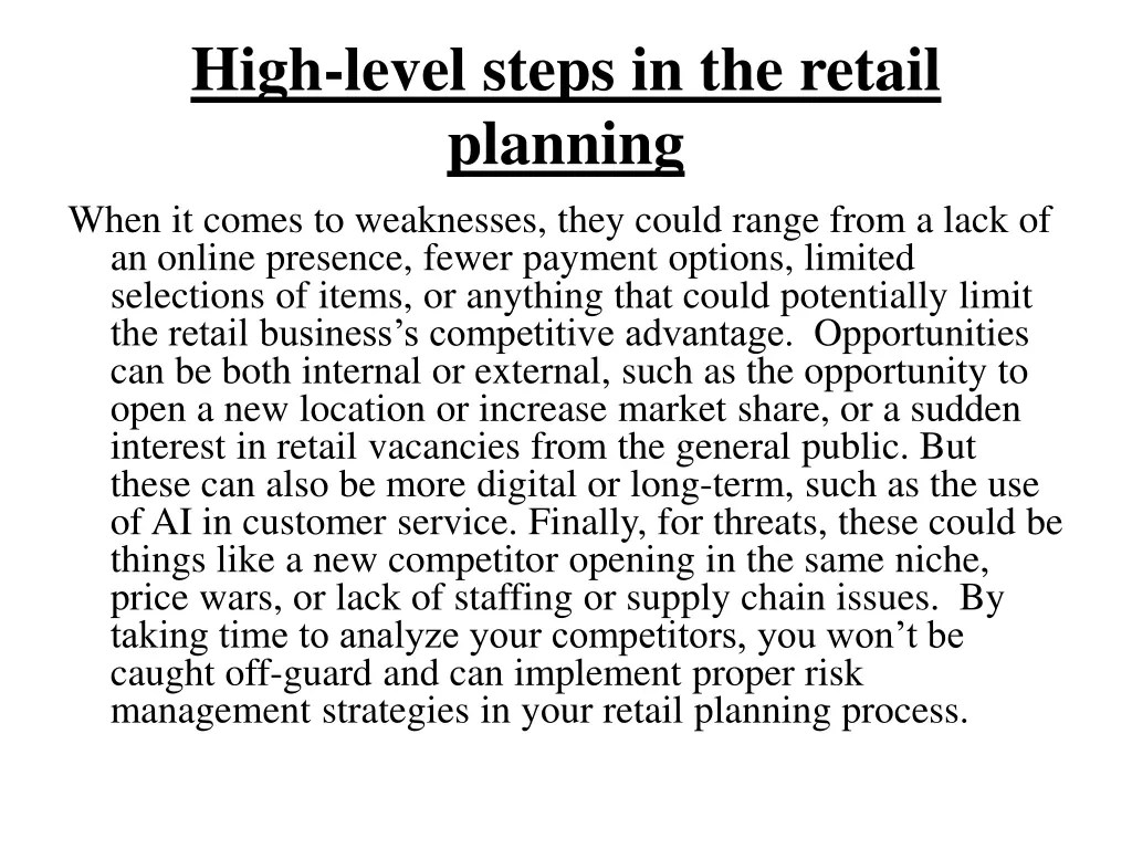 high level steps in the retail planning when