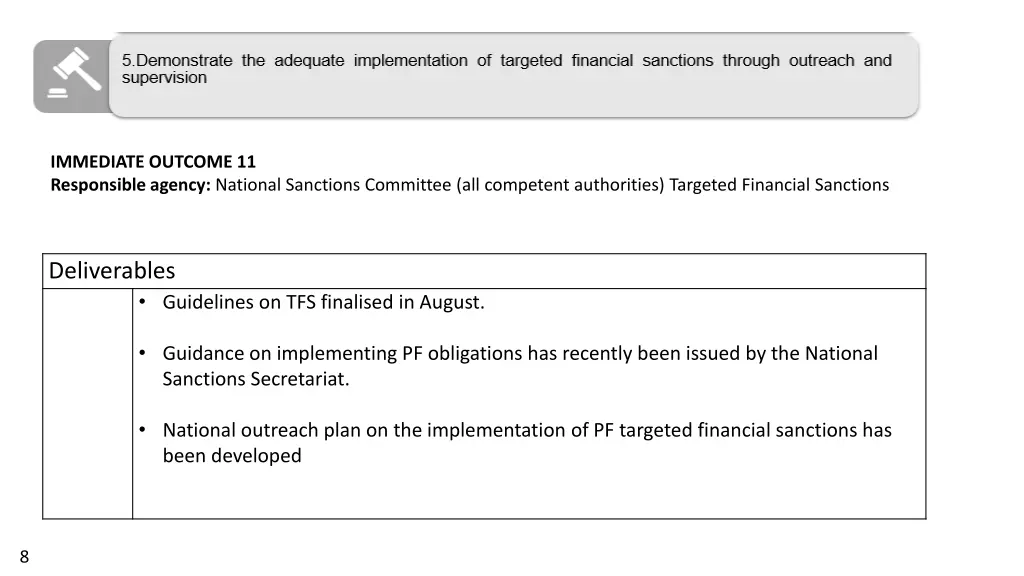 immediate outcome 11 responsible agency national