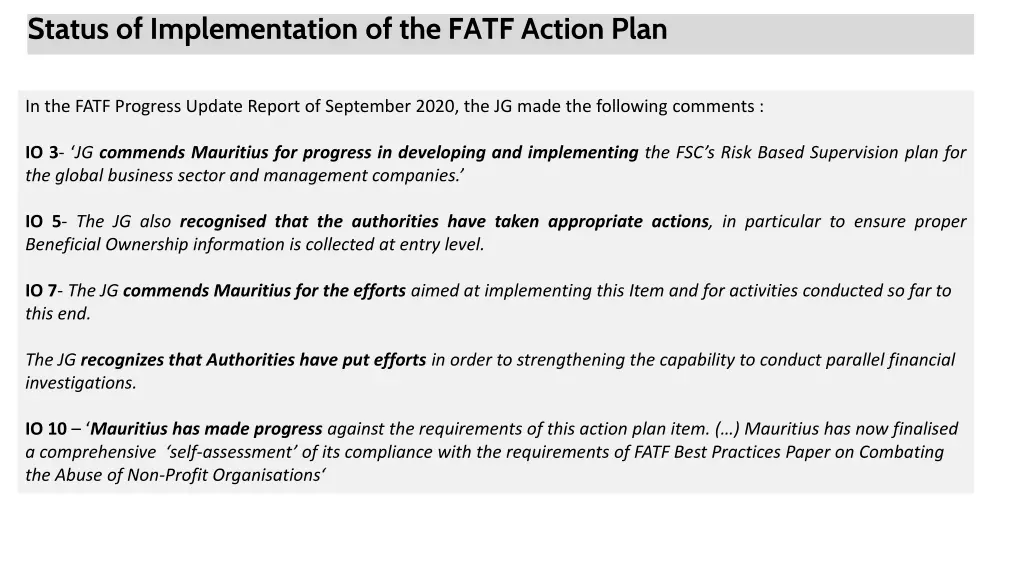 status of implementation of the fatf action plan