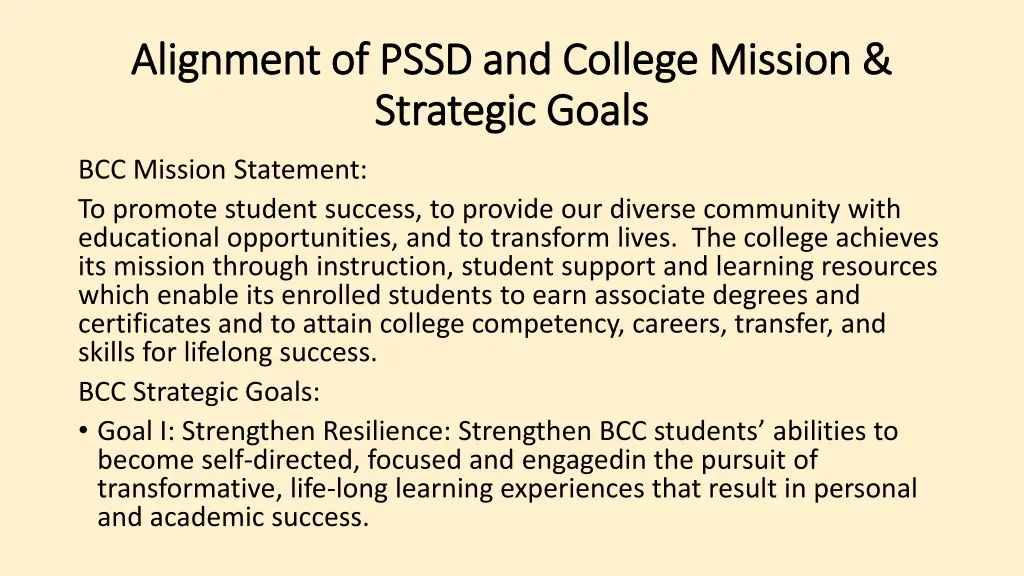 alignment of pssd and college mission alignment