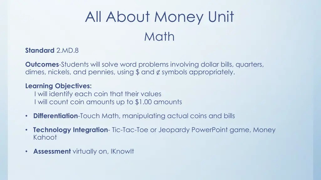 all about money unit math