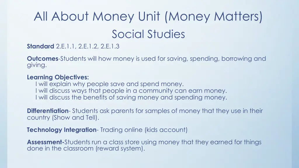 all about money unit money matters social studies