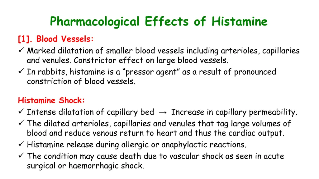 pharmacological effects of histamine 1 blood