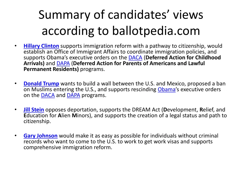 summary of candidates views according